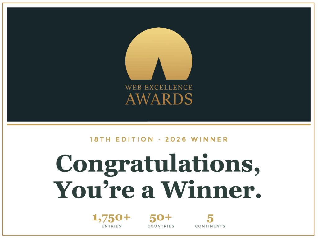 Web Excellence Awards 2026 winnaar. Felicitatieafbeelding met de tekst: “Congratulations, You’re a Winner.” De 18e editie ontving meer dan 1.750 inzendingen uit meer dan 50 landen verspreid over 5 continenten.
